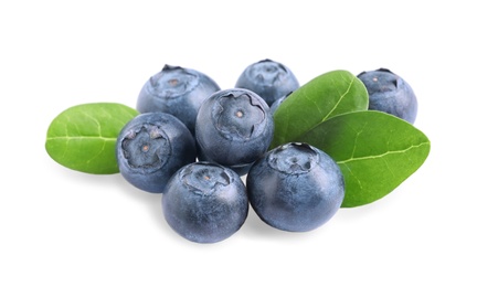 Photo of Fresh raw tasty blueberries with leaves isolated on white