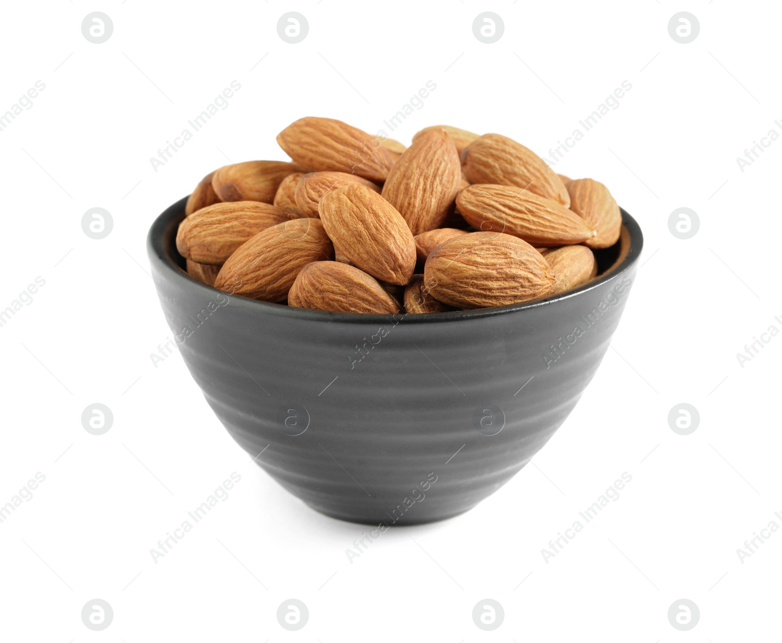 Photo of Bowl with organic almond nuts on white background. Healthy snack