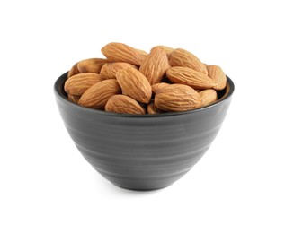 Photo of Bowl with organic almond nuts on white background. Healthy snack