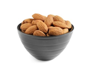 Bowl with organic almond nuts on white background. Healthy snack