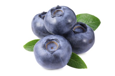 Pile of fresh ripe blueberries and leaves isolated on white