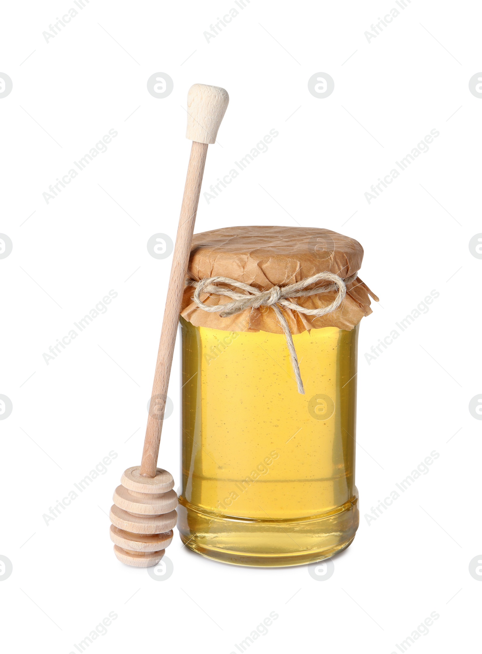 Photo of Tasty honey in glass jar and dipper isolated on white