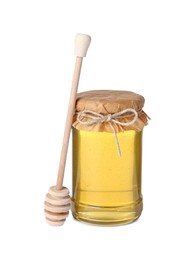 Photo of Tasty honey in glass jar and dipper isolated on white