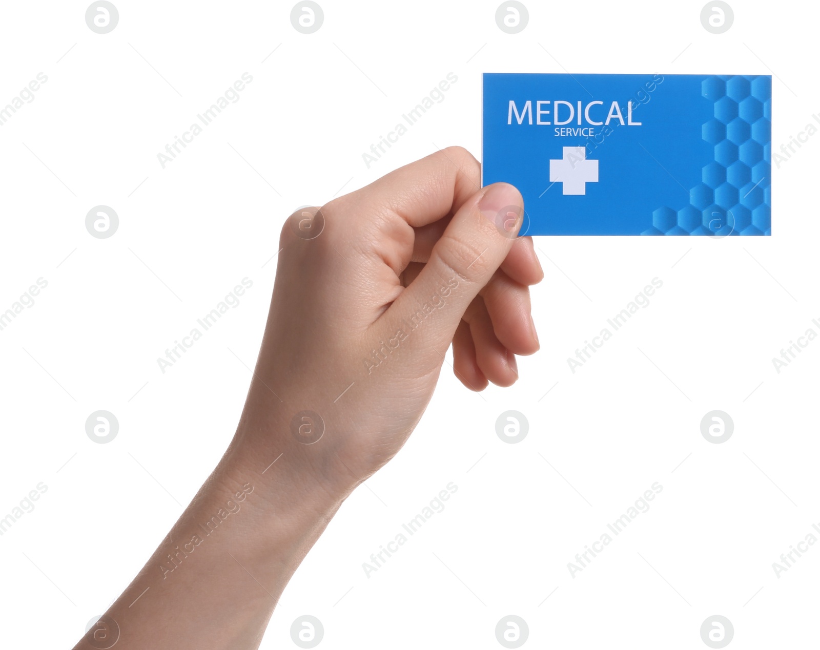 Photo of Woman holding business card isolated on white, closeup. Medical service