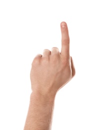 Man pointing at something on white background, closeup of hand