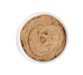 Bowl with delicious liver pate on white background, top view