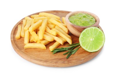Tray with delicious french fries, avocado dip, lime and rosemary isolated on white