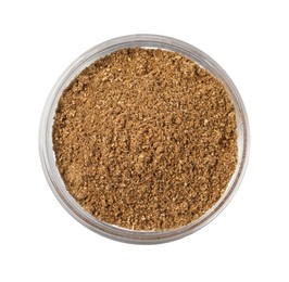 Photo of Bowl of aromatic caraway (Persian cumin) powder isolated on white, top view