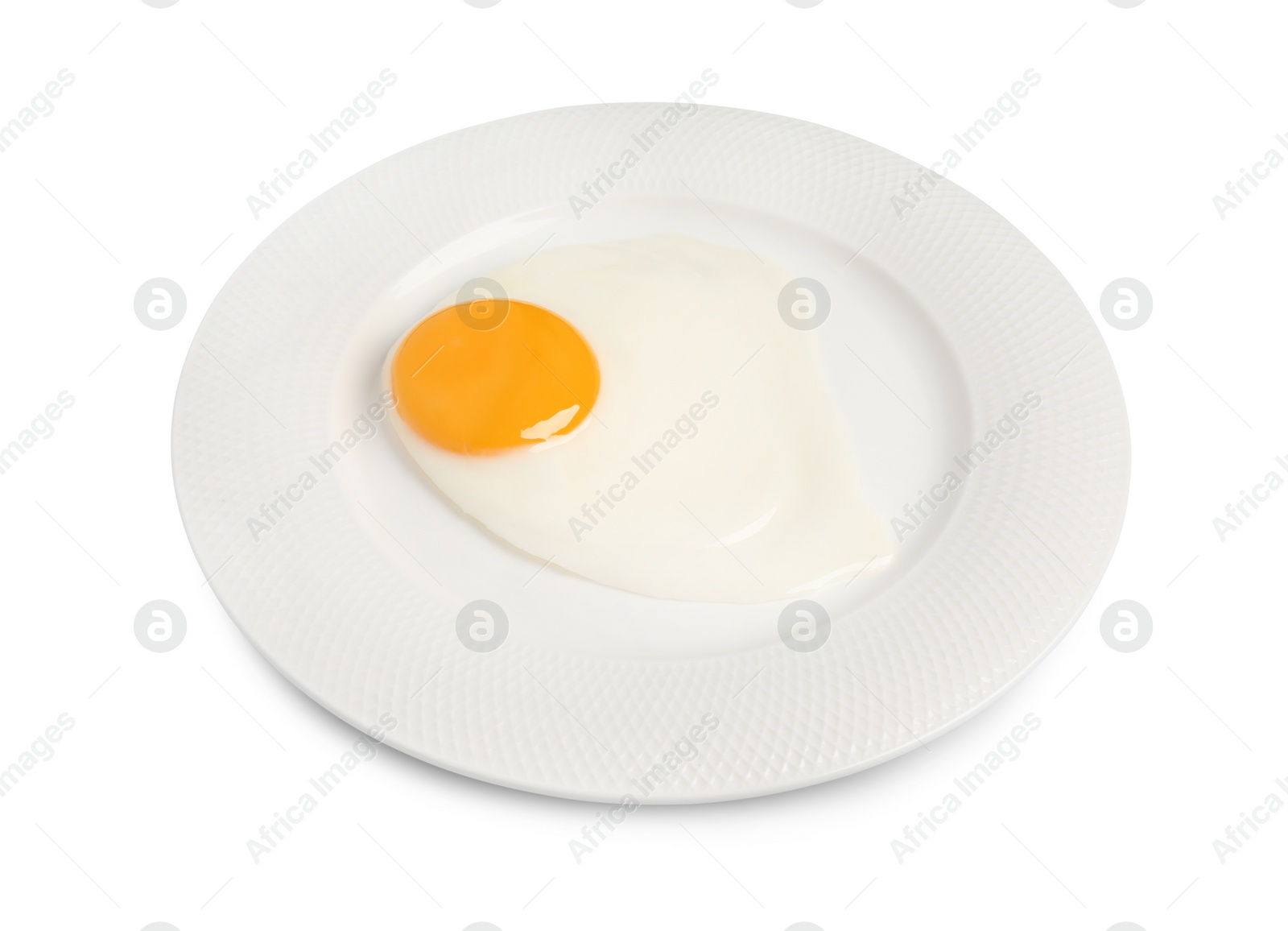 Photo of Plate with tasty fried egg isolated on white