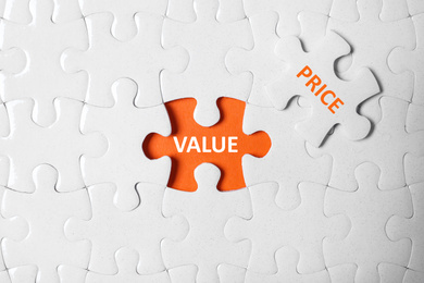 Puzzle with phrase PRICE VALUE on orange background, top view