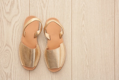 Pair of female shoes on floor