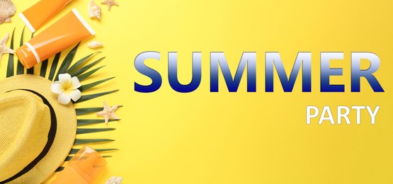 Image of Different beach accessories and phrase SUMMER PARTY on yellow background, flat lay. Banner design