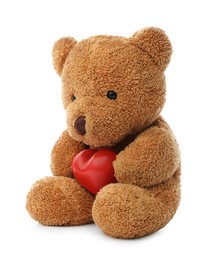 Cute teddy bear with red heart isolated on white. Valentine's day celebration