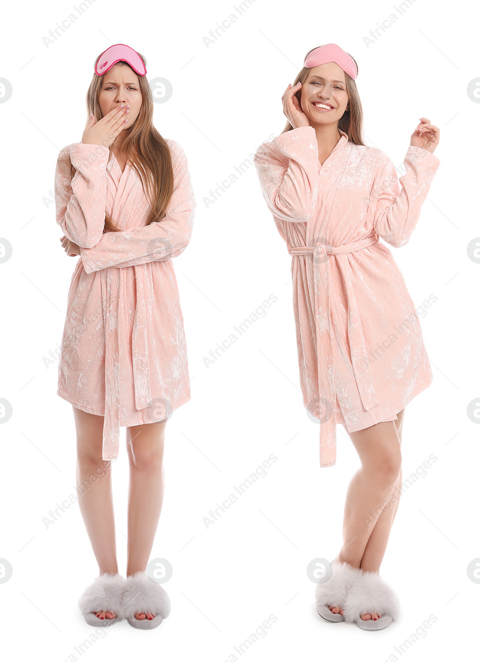 Image of Woman wearing pink bathrobe on white background, collage 