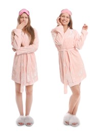 Image of Woman wearing pink bathrobe on white background, collage 