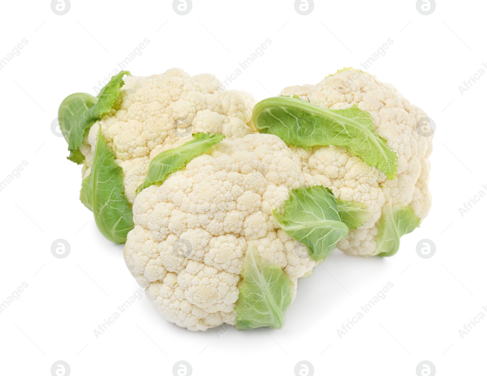 Photo of Whole fresh raw cauliflowers on white background