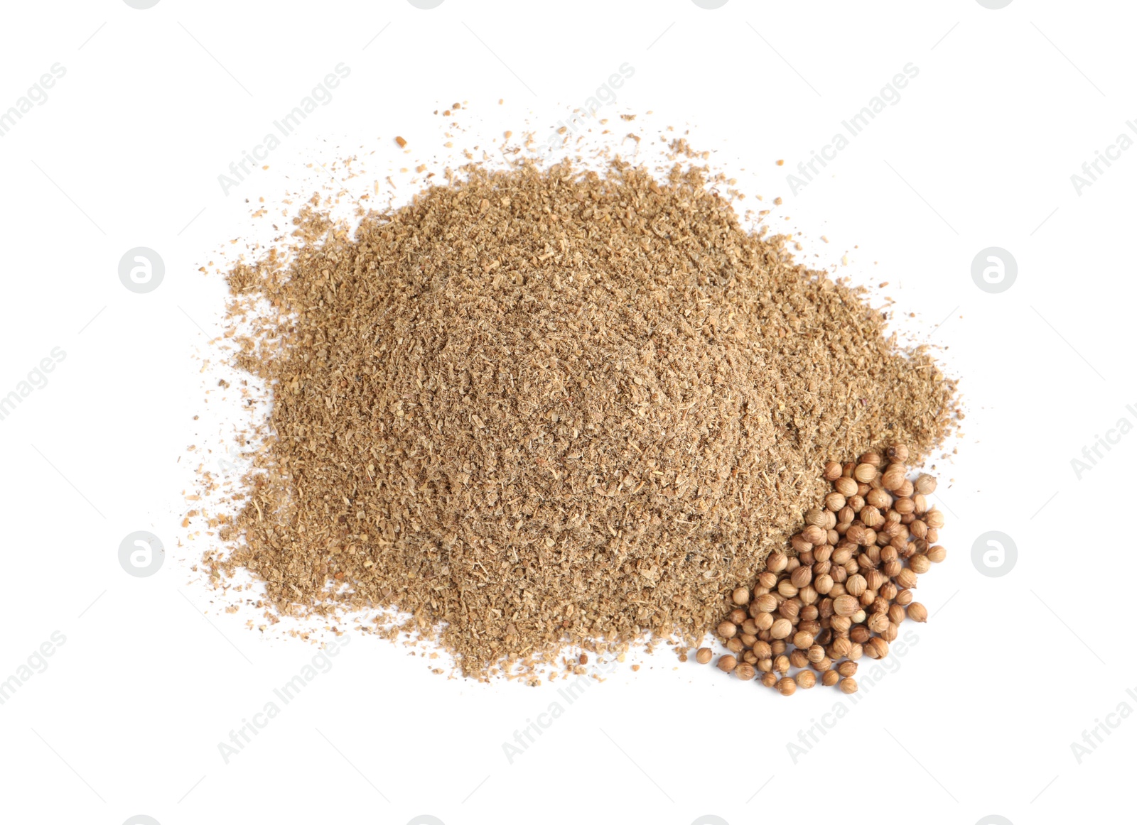 Photo of Powdered coriander and corns isolated on white, top view