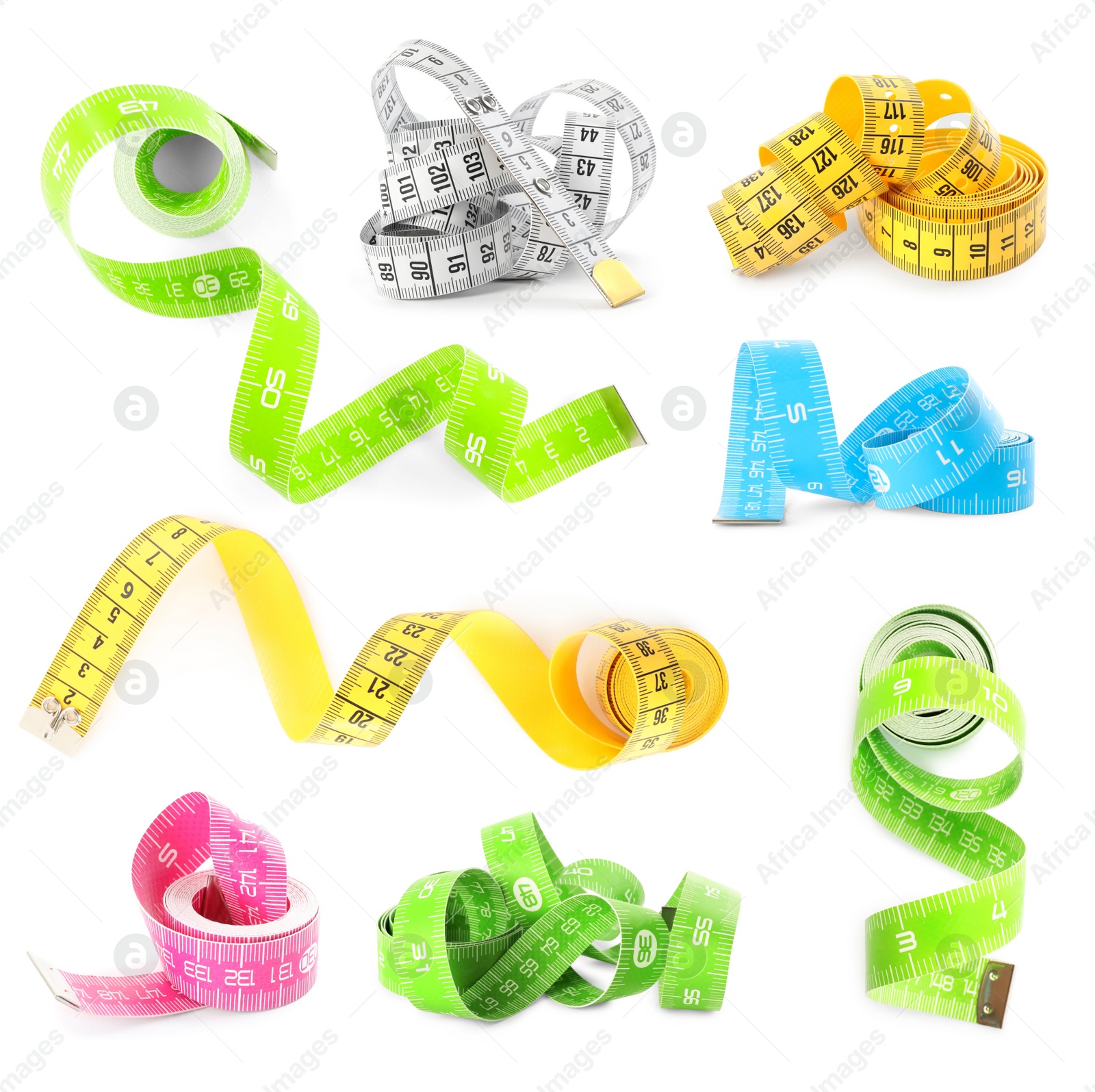 Image of Set with different measuring tapes on white background