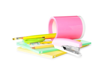 Photo of Set of colorful school stationery on white background