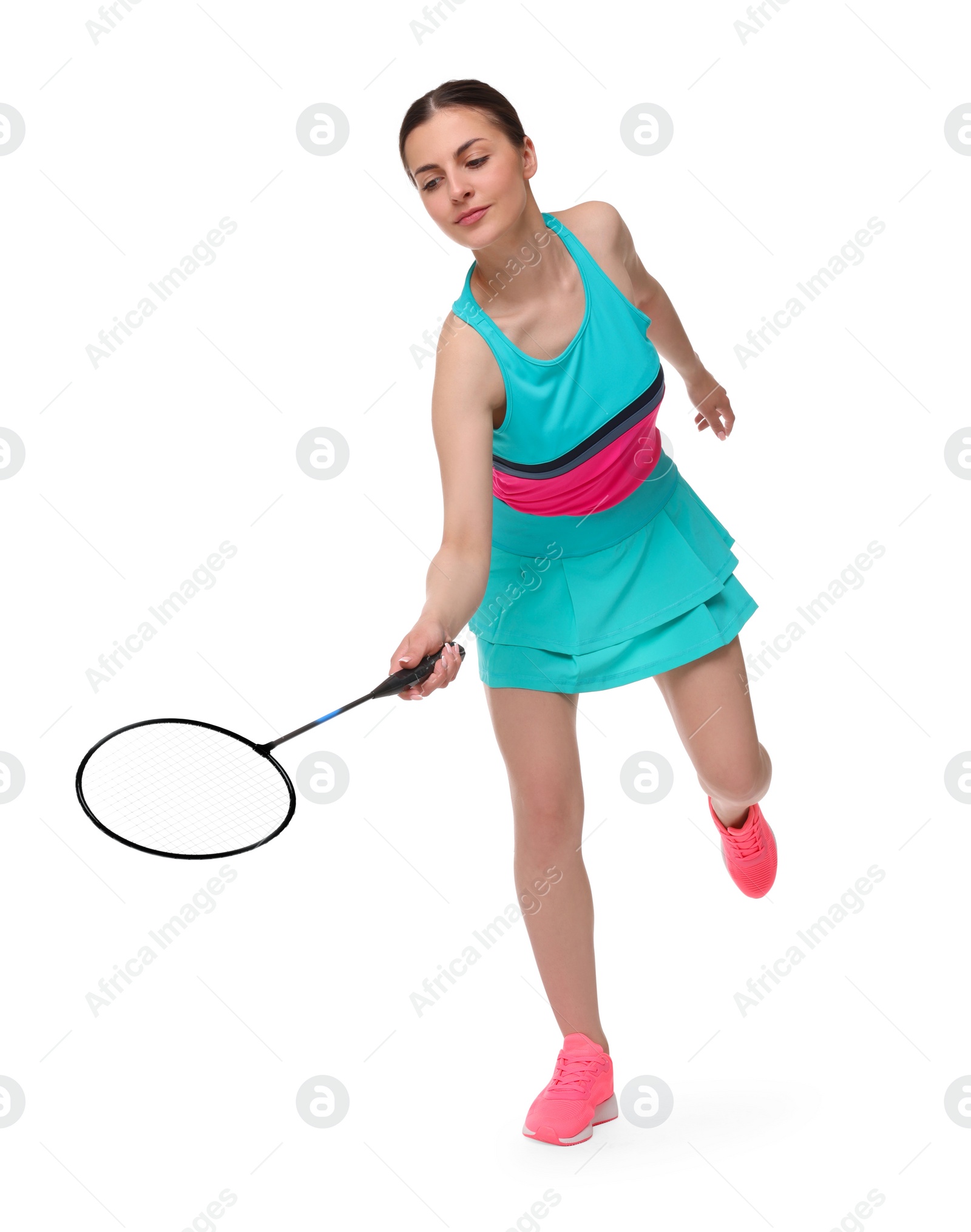 Photo of Young woman playing badminton with racket on white background