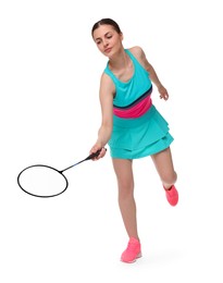 Photo of Young woman playing badminton with racket on white background