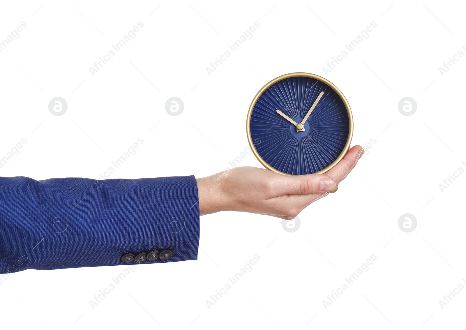 Photo of Young businesswoman holding clock on white background. Time management