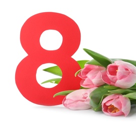Photo of 8 March card design with tulips on white background. International Women's Day