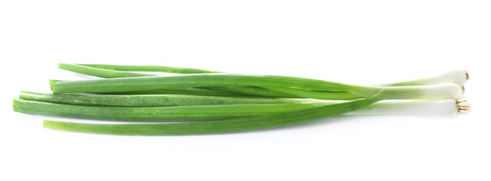 Photo of Fresh ripe green onions on white background