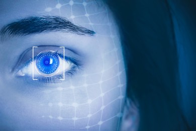 Image of Facial and iris recognition. Woman with digital biometric grid and scan, closeup. Toned in blue