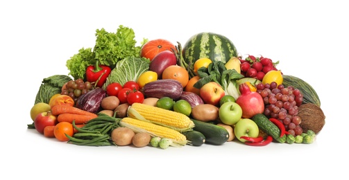 Photo of Assortment of fresh organic fruits and vegetables on white background
