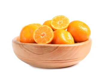 Photo of Bowl with tasty ripe tangerines on white background