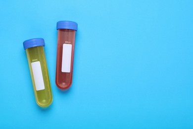 Photo of Test tubes with colorful liquids on light blue background, flat lay and space for text. Kids chemical experiment set