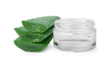 Jar of natural gel and cut aloe isolated on white