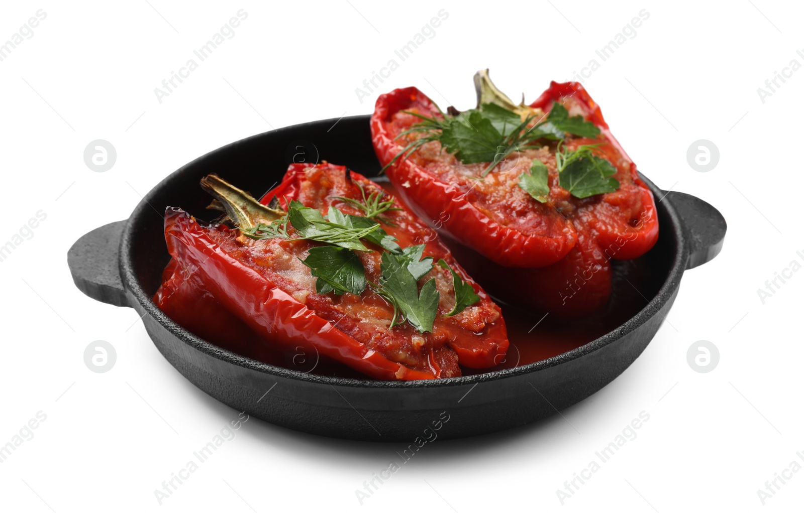 Photo of Tasty stuffed peppers in dish isolated on white