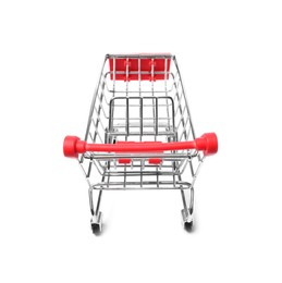 Photo of Empty mini metal shopping cart isolated on white