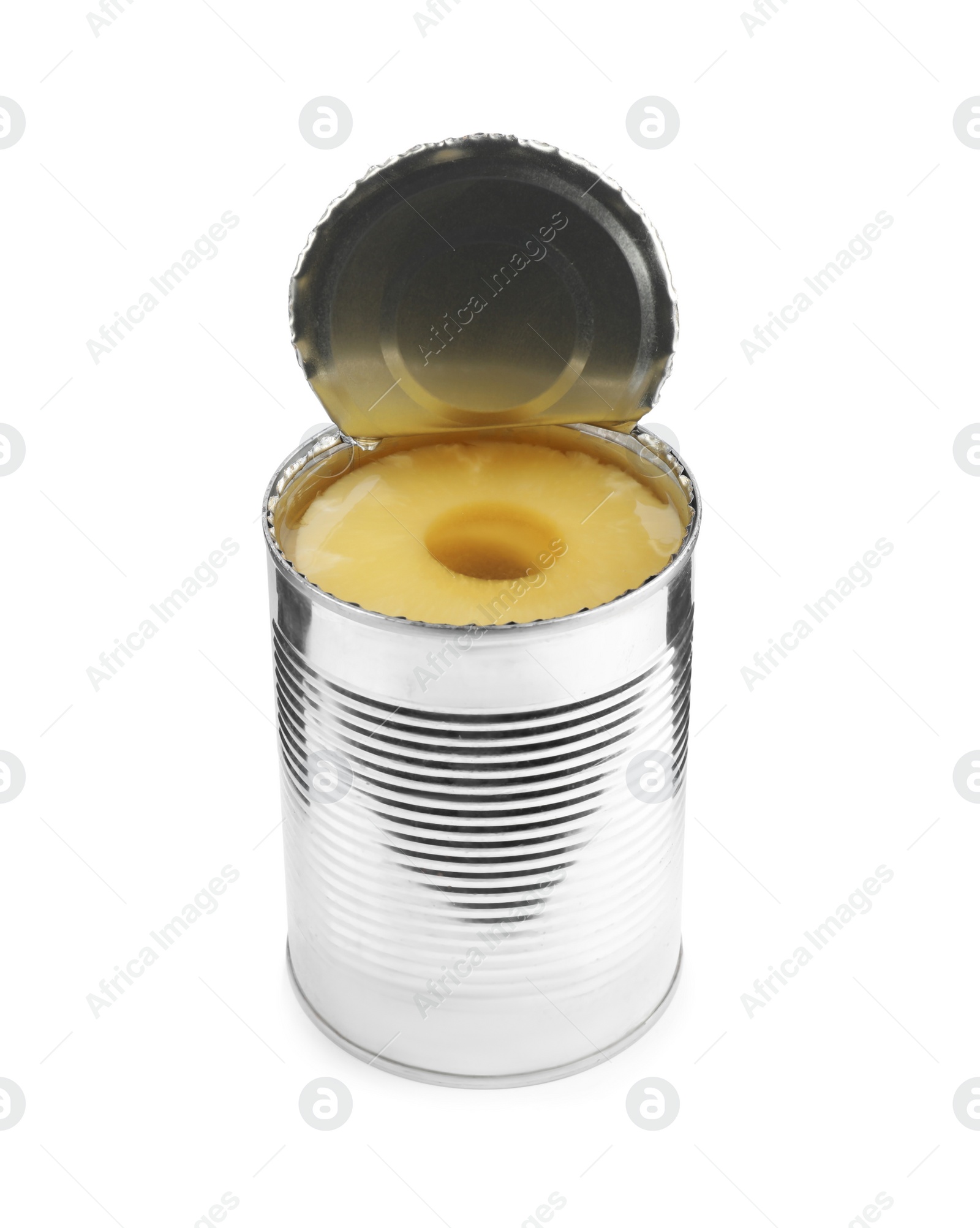 Photo of Open tin with canned pineapple isolated on white