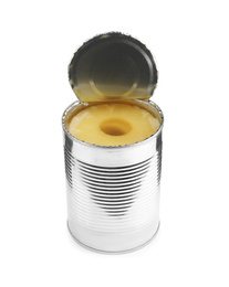 Photo of Open tin with canned pineapple isolated on white