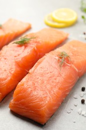 Fresh raw salmon and ingredients for marinade on light grey table, closeup