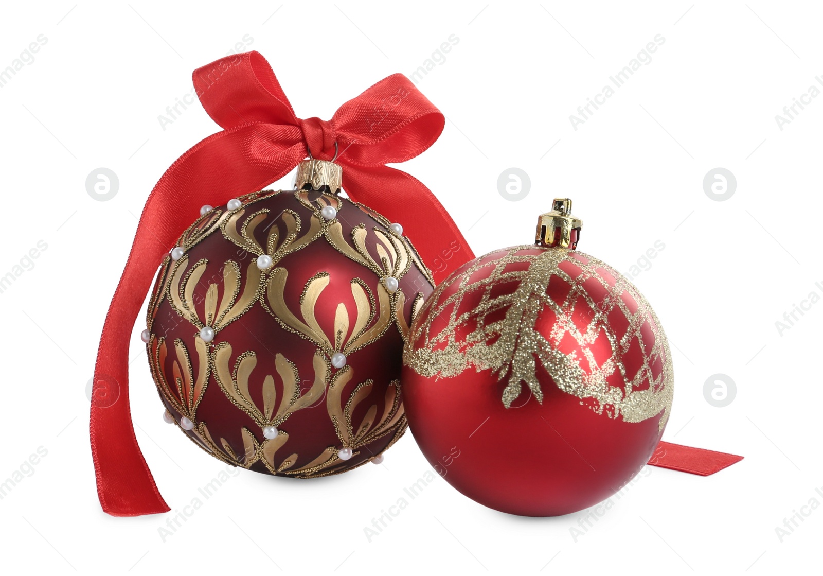 Photo of Two beautiful Christmas balls on white background