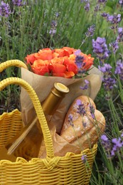 Photo of Yellow wicker bag with beautiful roses, bottle of wine and baguettes in lavender field, closeup