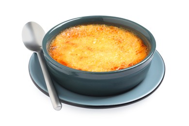 Delicious creme brulee in ceramic ramekin with spoon isolated on white