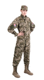 Photo of Female soldier on white background. Military service