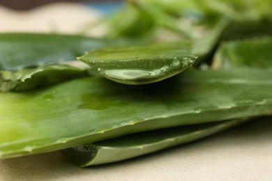 Photo of Fresh cut juicy aloe vera leaves on table, closeup