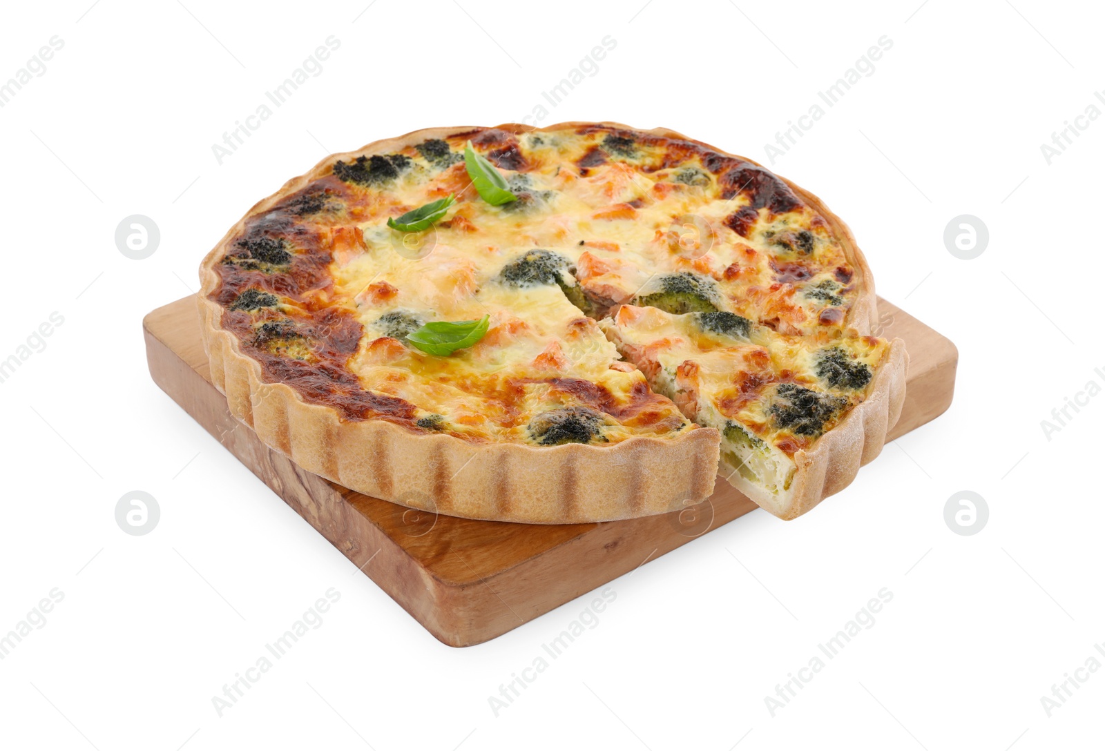 Photo of Delicious homemade quiche with salmon and broccoli isolated on white