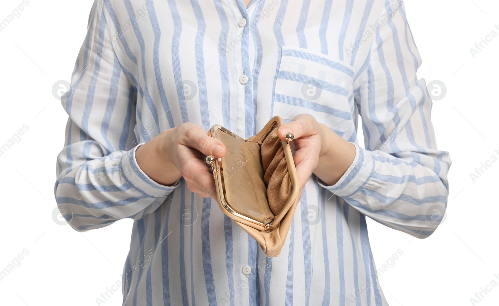 Photo of Woman with empty wallet on white background, closeup