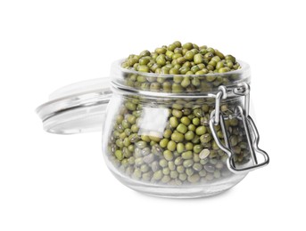 Glass jar with green mung beans isolated on white. Organic grains