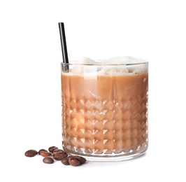 Coffee drink with milk ice cubes and beans on white background