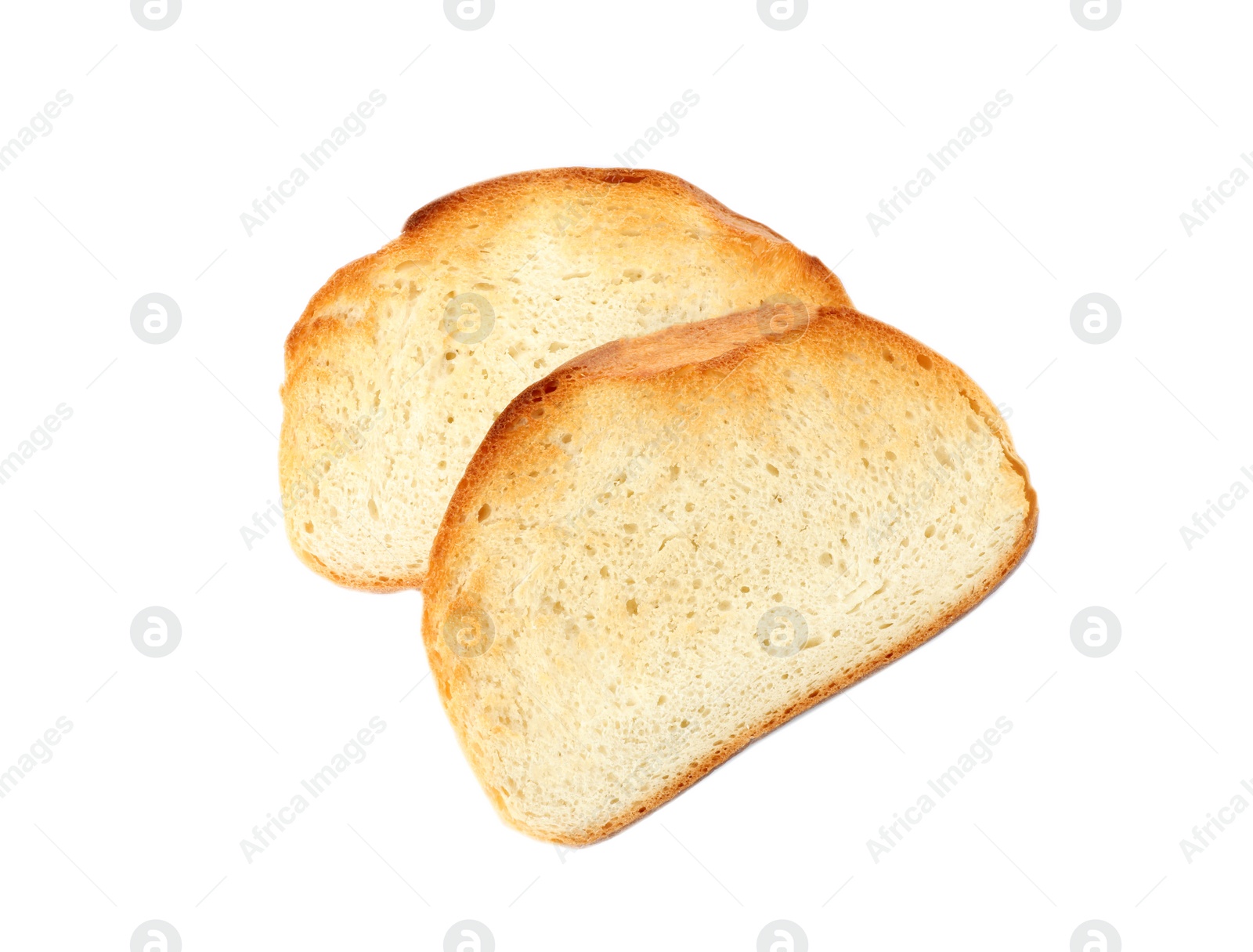 Photo of Slices of toasted wheat bread isolated on white, top view