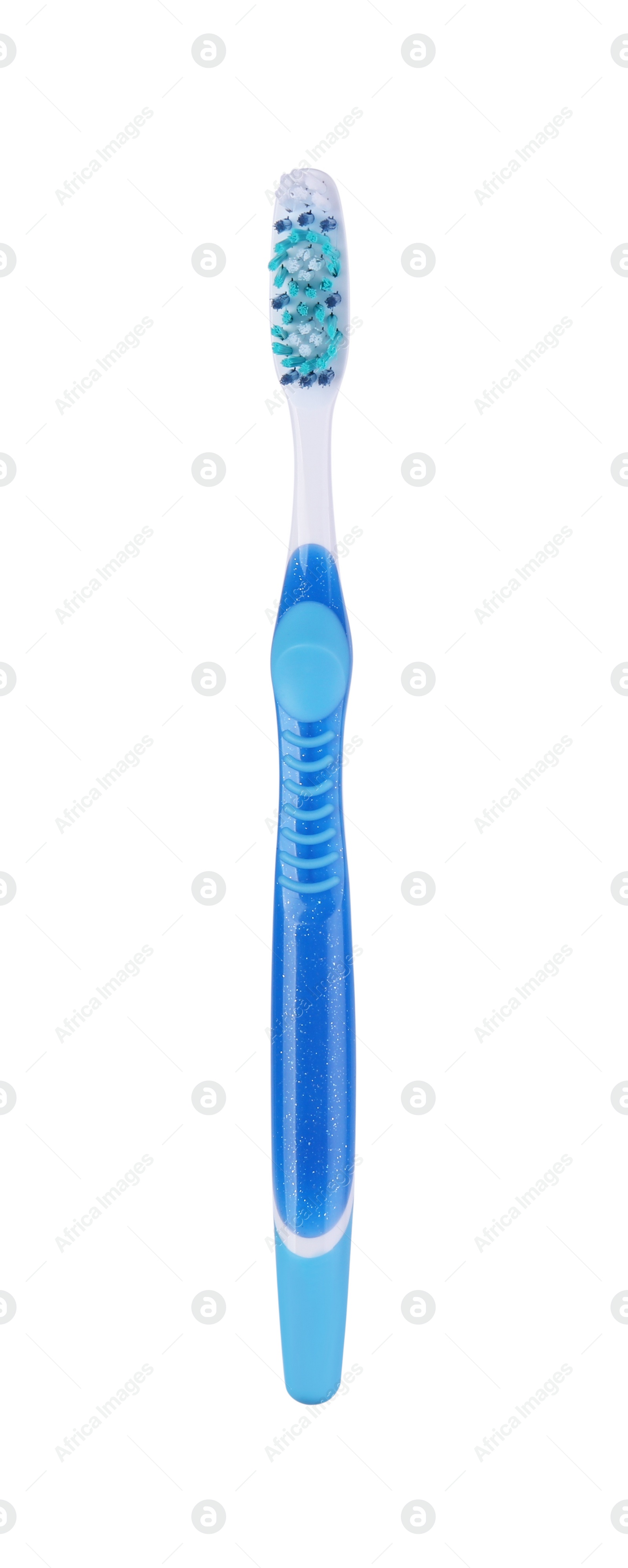 Photo of One blue plastic toothbrush isolated on white, top view