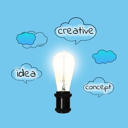 Image of Creative idea concept. Light bulb and drawings of clouds with words on light blue background